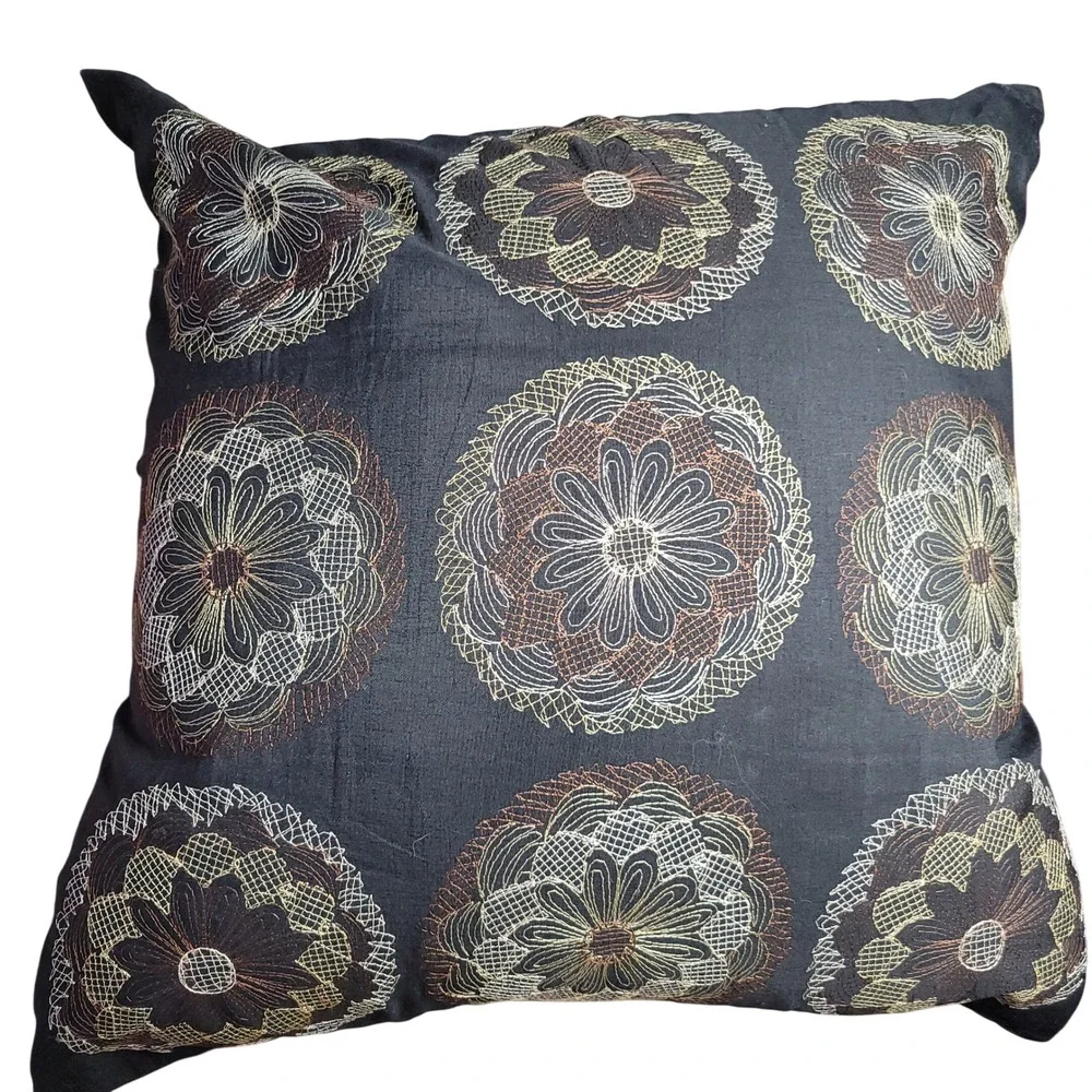 Pier 1 Imports Black Gold Copper Embroidered Mandala Floral Throw Down Pillow